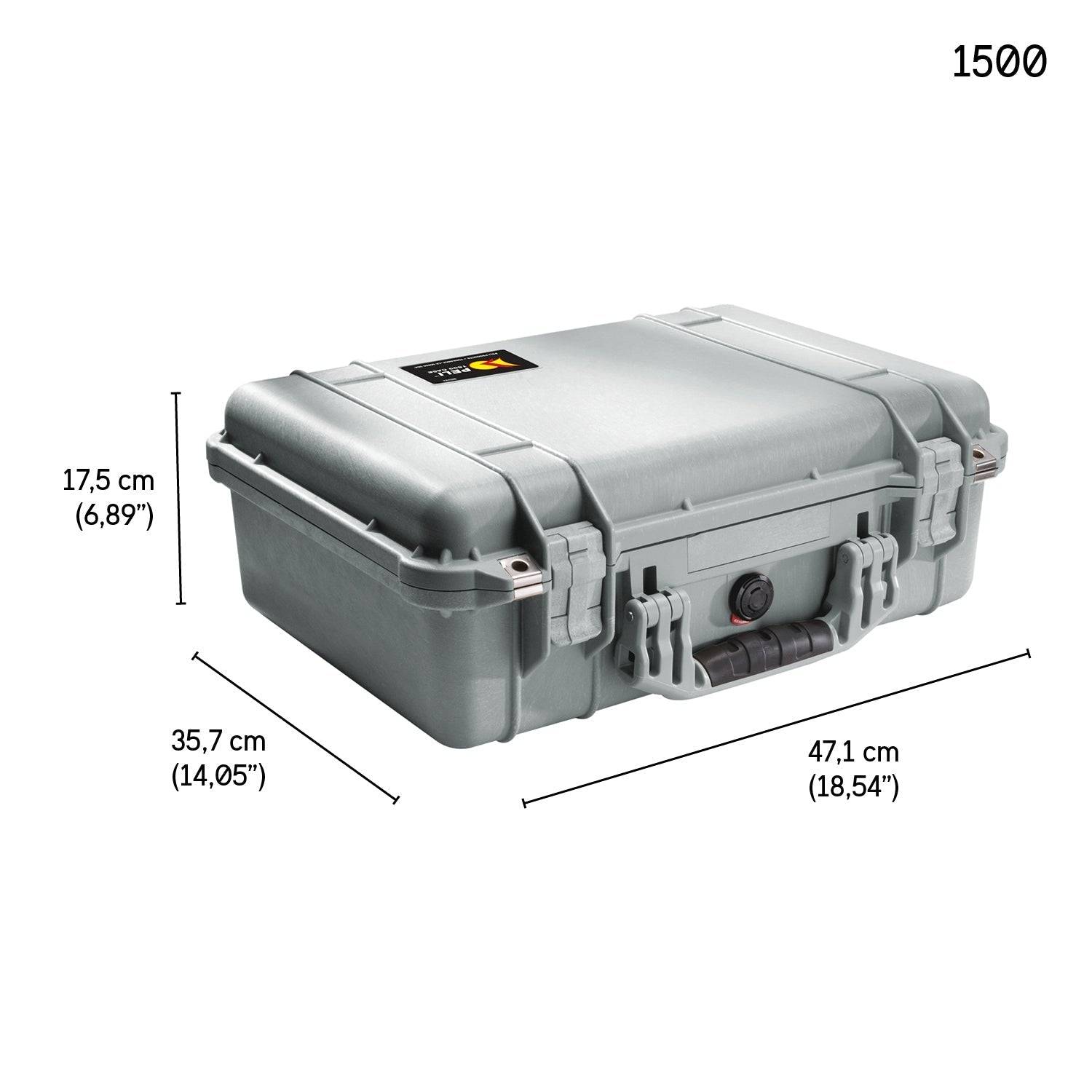 A gray 1500EU Protector Case with external dimensions of 17.5 cm (H) × 35.7 cm (W) × 47.1 cm (L) is shown, highlighting its robust, watertight design. Model 1500 is noted in the top right corner.