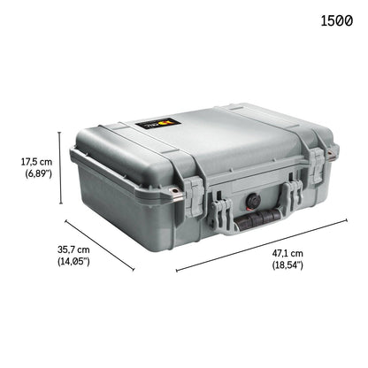 A gray 1500EU Protector Case with external dimensions of 17.5 cm (H) × 35.7 cm (W) × 47.1 cm (L) is shown, highlighting its robust, watertight design. Model 1500 is noted in the top right corner.