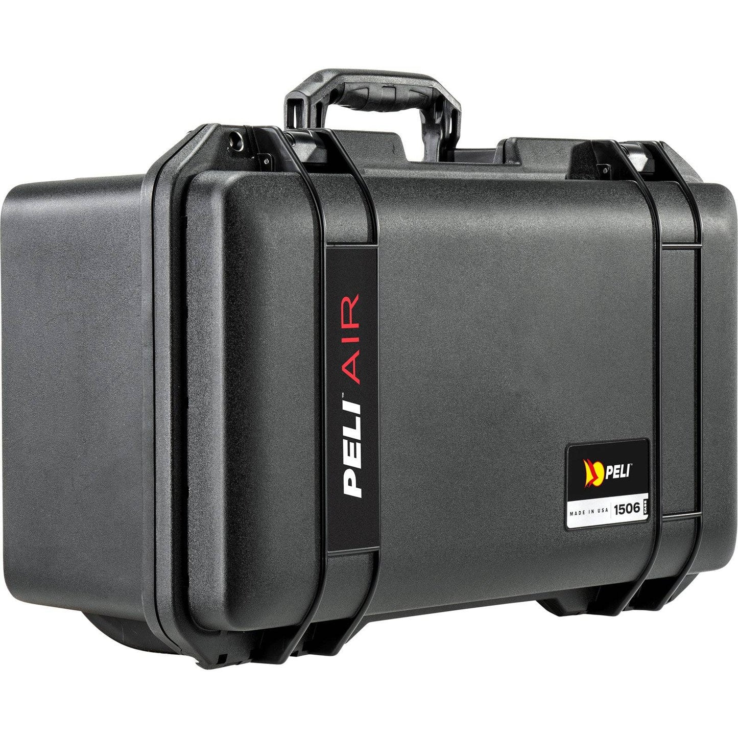 A black 1506 Air Case from PELI’s Air Long/Deep Series; lightweight with a handle, secure latches, and branded labels on the side and front.