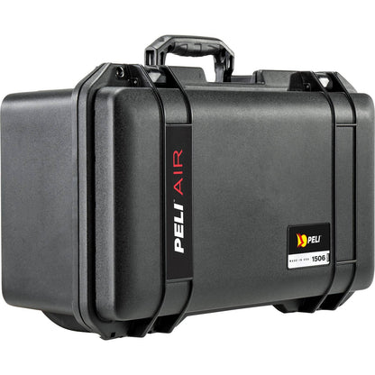 A black 1506 Air Case from PELI’s Air Long/Deep Series; lightweight with a handle, secure latches, and branded labels on the side and front.
