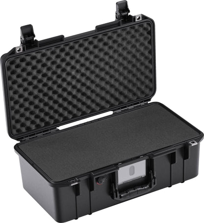The 1506 Air Case features a black hard-shell design, open lid, interior foam padding, and secure latches. Waterproof and lightweight, it’s perfect for keeping your gear safe and dry in the PELI Air Long/Deep Series.