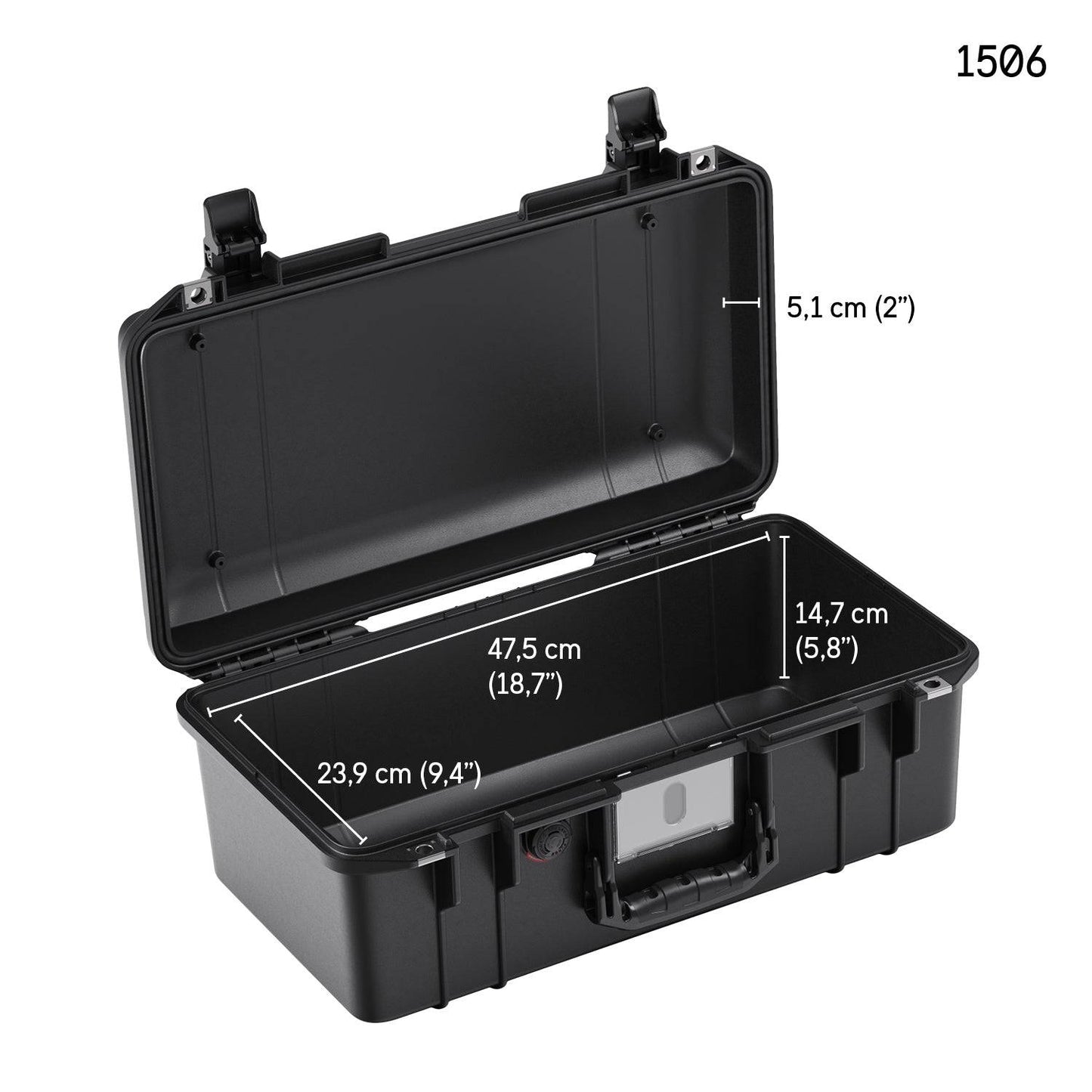 Open black 1506 Air Case from the PELI Air Long/Deep Series with latches, featuring internal dimensions of 47.5 x 23.9 x 14.7 cm and a lid depth of 5.1 cm. Model number 1506 appears in the corner.