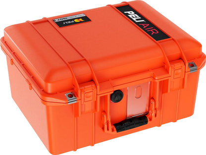 The 1507 Air Case is a bright orange hard plastic case with latches, handle, custom foam inserts, and a black lid label—offering lightweight, waterproof protection.