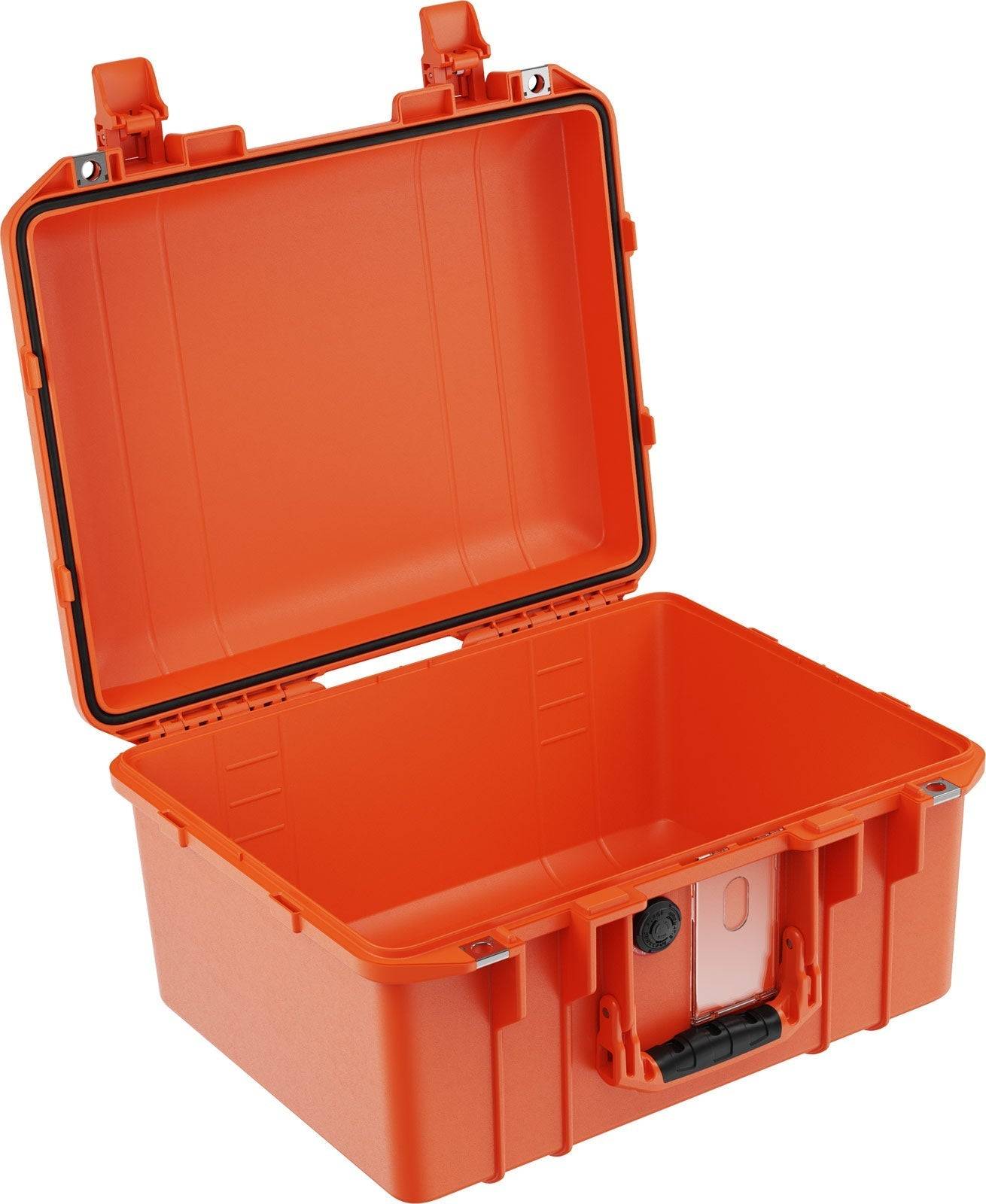 The 1507 Air Case is an open, empty orange hard plastic waterproof protective case with latches and a handle, perfect for custom foam inserts.