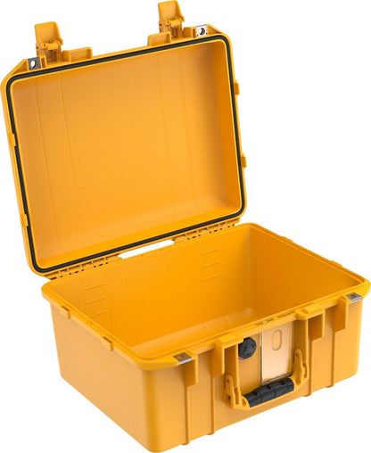 The 1507 Air Case is a yellow, hard plastic waterproof protective case with reinforced corners, sturdy latches, a handle, and an open, unlined interior—perfect for custom foam inserts.