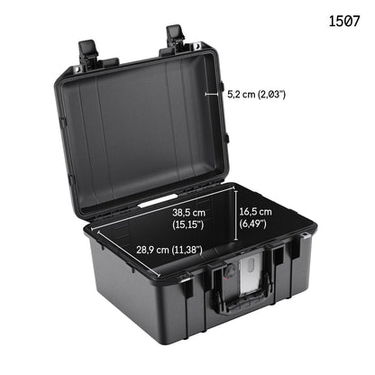 The open 1507 Air Case is a black, waterproof protective case displaying 38.5 cm (L) x 28.9 cm (W) x 16.5 cm (H) interior; item number appears in the top right. Compatible with custom foam for secure storage.