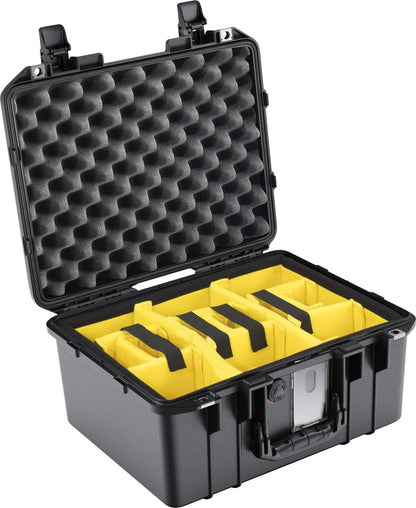 The 1507 Air Case is a hard black waterproof protective case with egg crate foam in the lid, yellow padded dividers, and custom foam fittings—ideal for organizing and protecting gear. Inspired by PELI Air case durability.