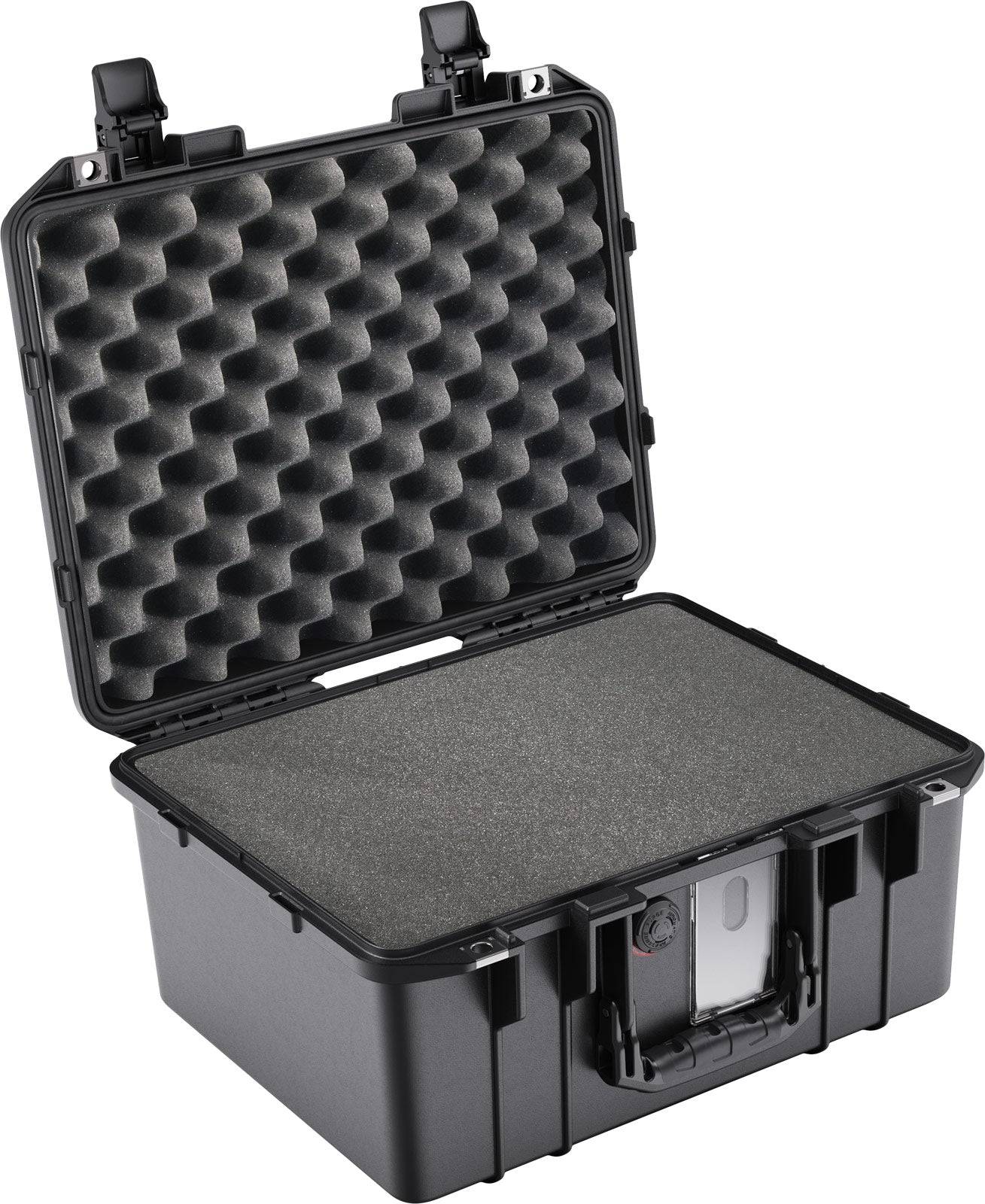 The 1507 Air Case is a black, hard-shell waterproof protective case with an open lid, showing custom foam fittings inside for secure cushioning of its contents.