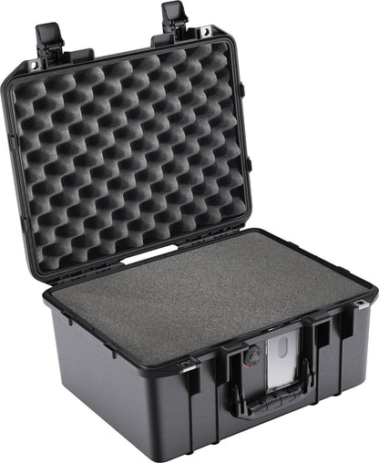 The 1507 Air Case is a black, hard-shell waterproof protective case with an open lid, showing custom foam fittings inside for secure cushioning of its contents.
