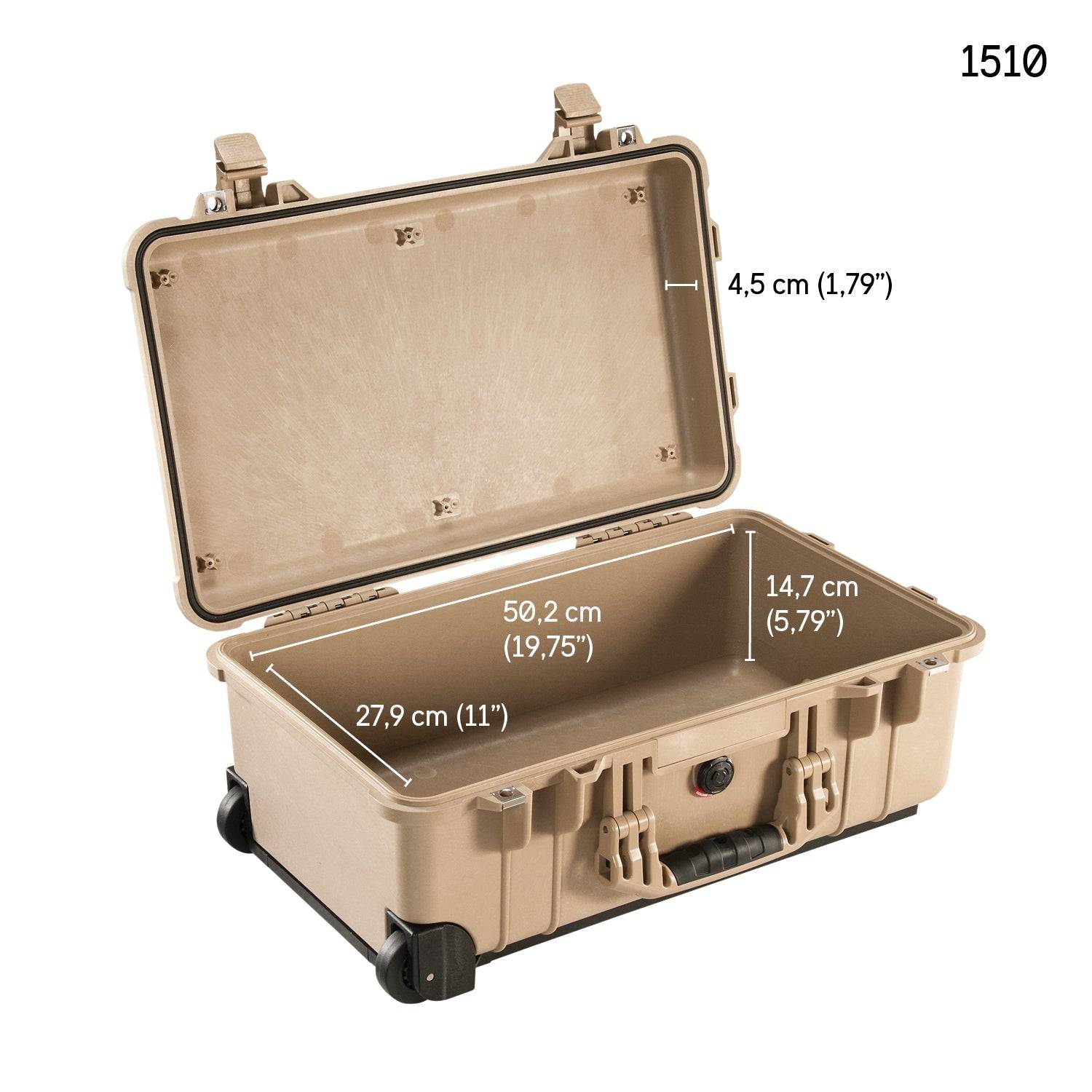 Tan 1510 Protector Carry-On Case shown open, revealing interior size 50.2 x 27.9 x 14.7 cm and lid depth 4.5 cm—offering military-grade protection and meeting maximum airline carry-on size requirements.