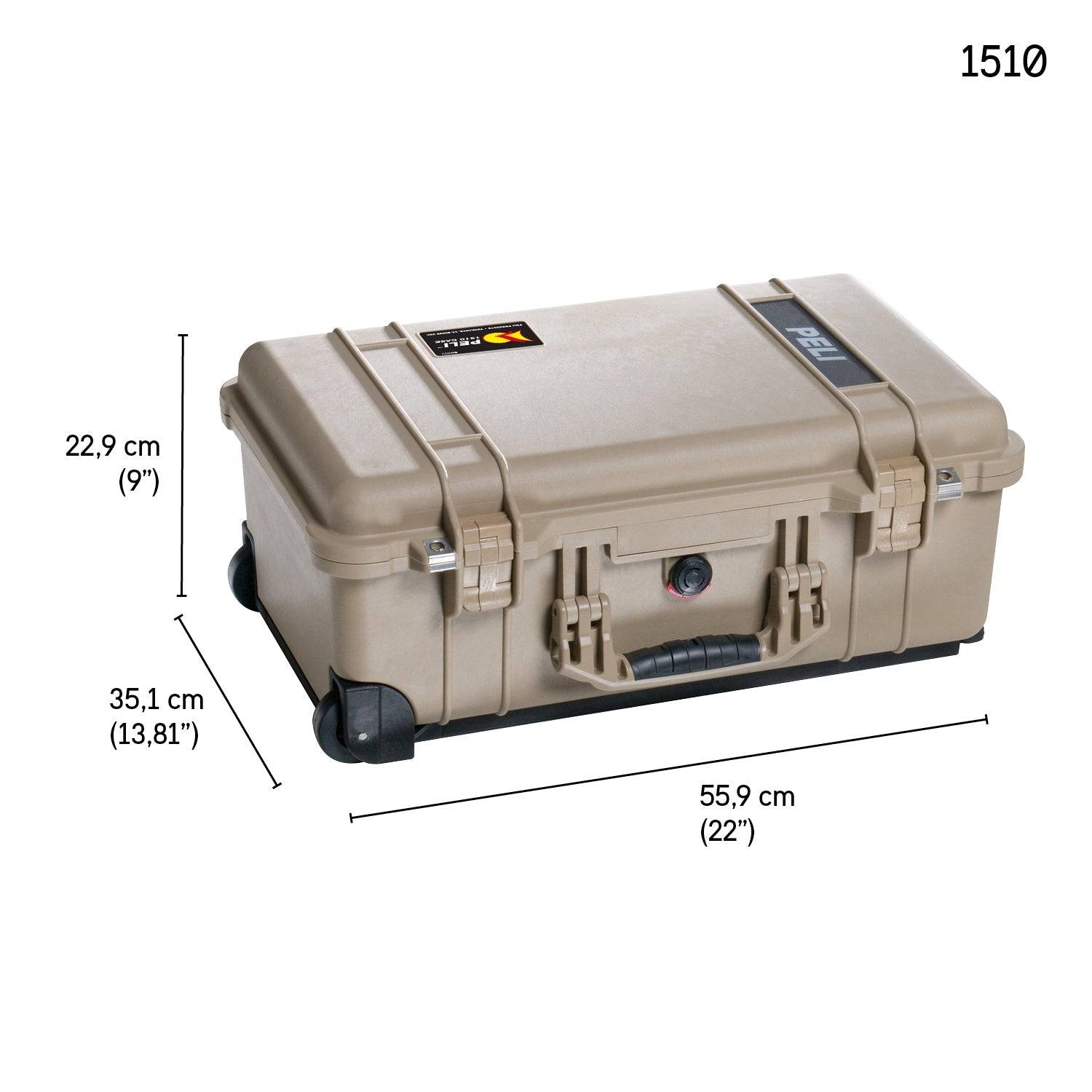 The 1510 Protector Carry-On Case is a beige hard-shell rolling case with latches and handle, offering military-grade protection. Dimensions: 22.9 cm high, 35.1 cm deep, 55.9 cm wide—meets maximum airline carry-on size.
