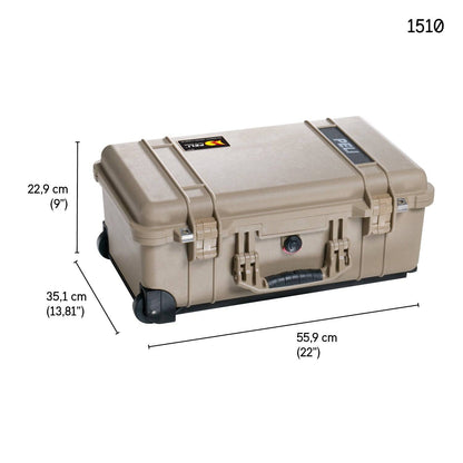 The 1510 Protector Carry-On Case is a beige hard-shell rolling case with latches and handle, offering military-grade protection. Dimensions: 22.9 cm high, 35.1 cm deep, 55.9 cm wide—meets maximum airline carry-on size.