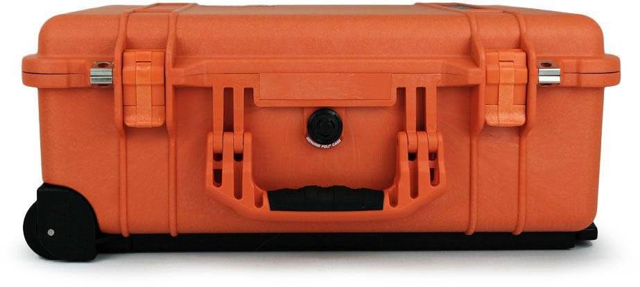 The 1510 Protector Carry-On Case provides military-grade protection in an orange hard shell with handle, latches, and wheels. Shown closed from the front, it meets airline carry-on size requirements for easy travel.