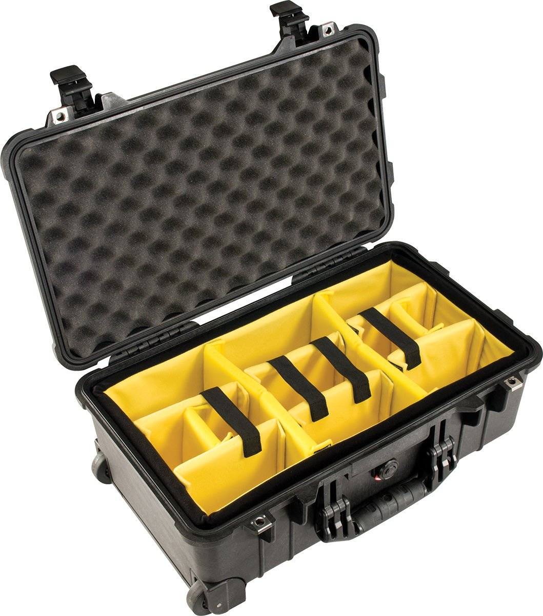 The 1510 Protector Carry-On Case in black offers military-grade protection with a foam-lined lid and yellow padded dividers, ideal for organizing and safeguarding equipment while complying with maximum airline carry-on size limits.