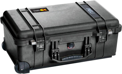 The 1510 Protector Carry-On Case is a black, hard-shell case with secure latches, side handles, and wheels, offering military-grade protection for storage and transport at maximum airline carry-on size.