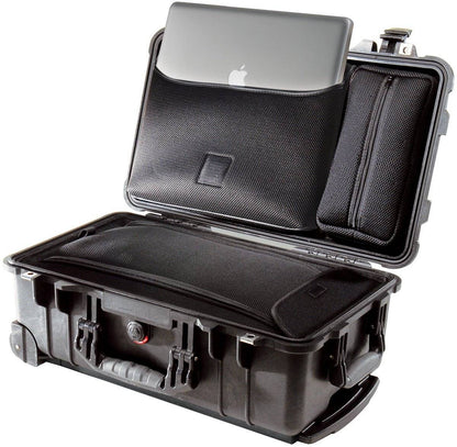 A black 1510LOC Protector Laptop Case is open, displaying a laptop partly stored in the lid compartment, with additional pouches and storage sections visible inside this watertight hard-shell case.