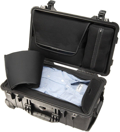 A hard-shell black 1510LOC Protector Laptop Case is open, showing a neatly folded blue dress shirt and black padded divider, with mesh pockets in the lid.