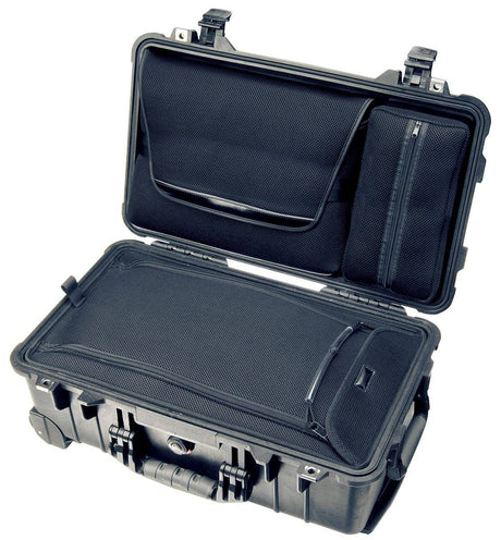 The 1510LOC Protector Laptop Case, shown open and empty on a white background, features mesh pockets and lid compartments. This crushproof case ensures reliable protection for your gear.
