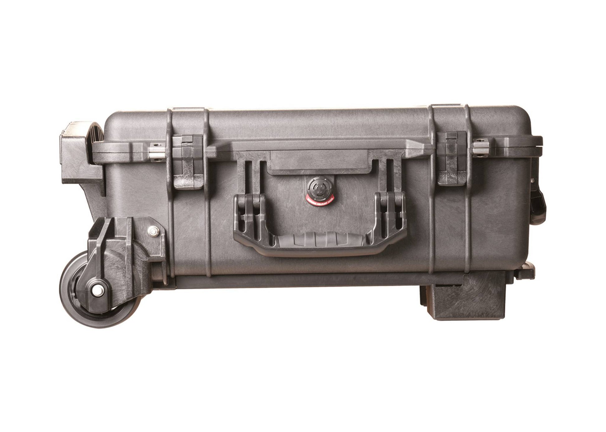 The 1510M Protector Mobility Case is a hard plastic PELI case with secure latches, a handle, water-resistant design, and one visible heavy-duty polyurethane wheel, shown against a white background.