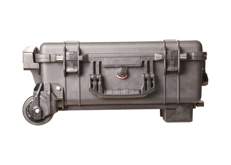 The 1510M Protector Mobility Case is a hard plastic PELI case with secure latches, a handle, water-resistant design, and one visible heavy-duty polyurethane wheel, shown against a white background.
