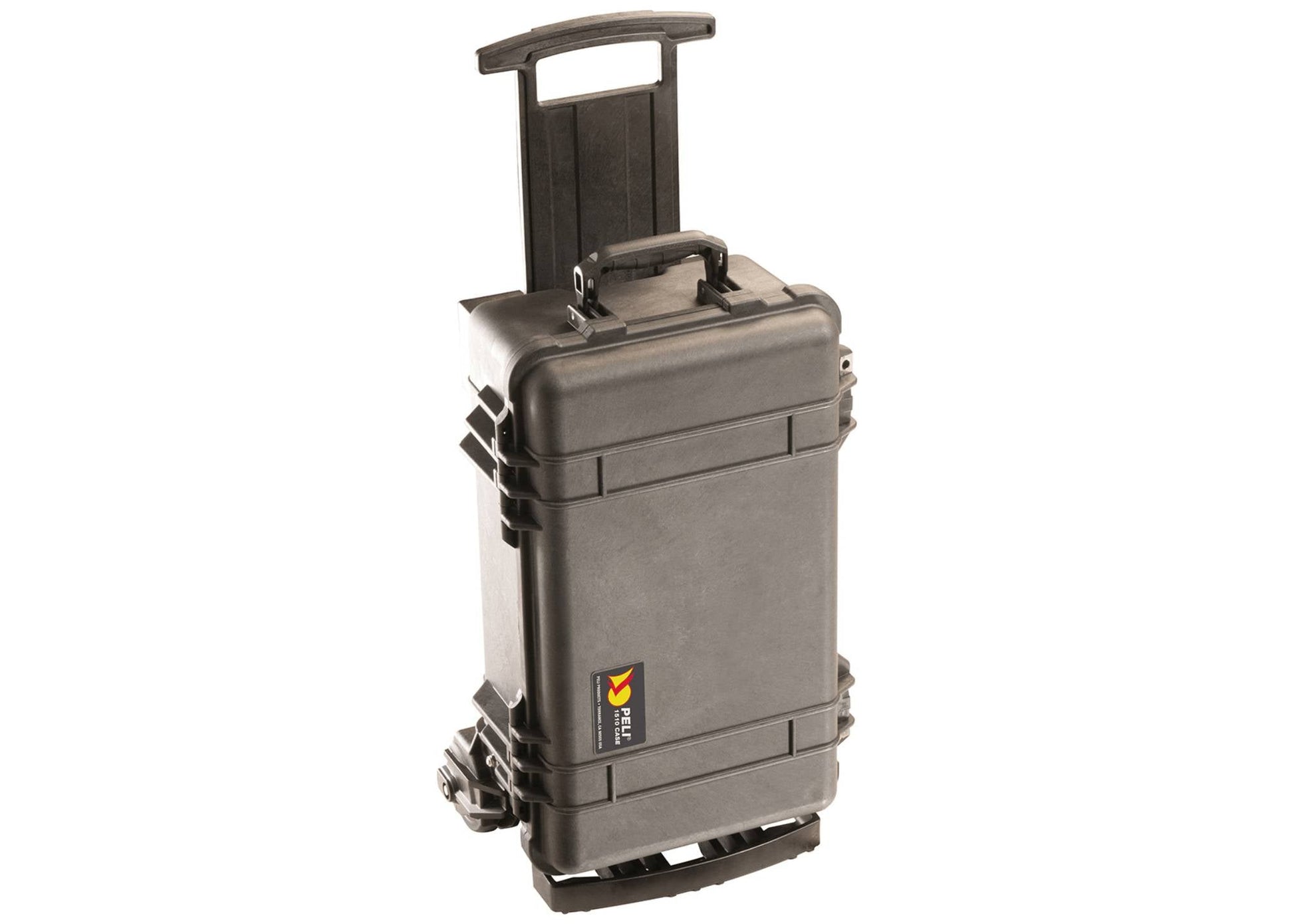 The 1510M Protector Mobility Case is a black hard-shell rolling case featuring heavy-duty polyurethane wheels, a retractable handle, secure latches, and a logo in the lower corner.