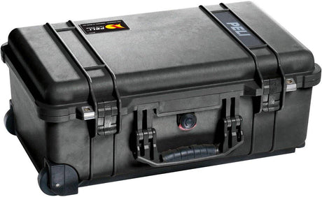The 1510SC Protector Studio Case is a black hard plastic PELI case with secure latches, wheels, a handle, and top labels—ideal as a rugged laptop case.