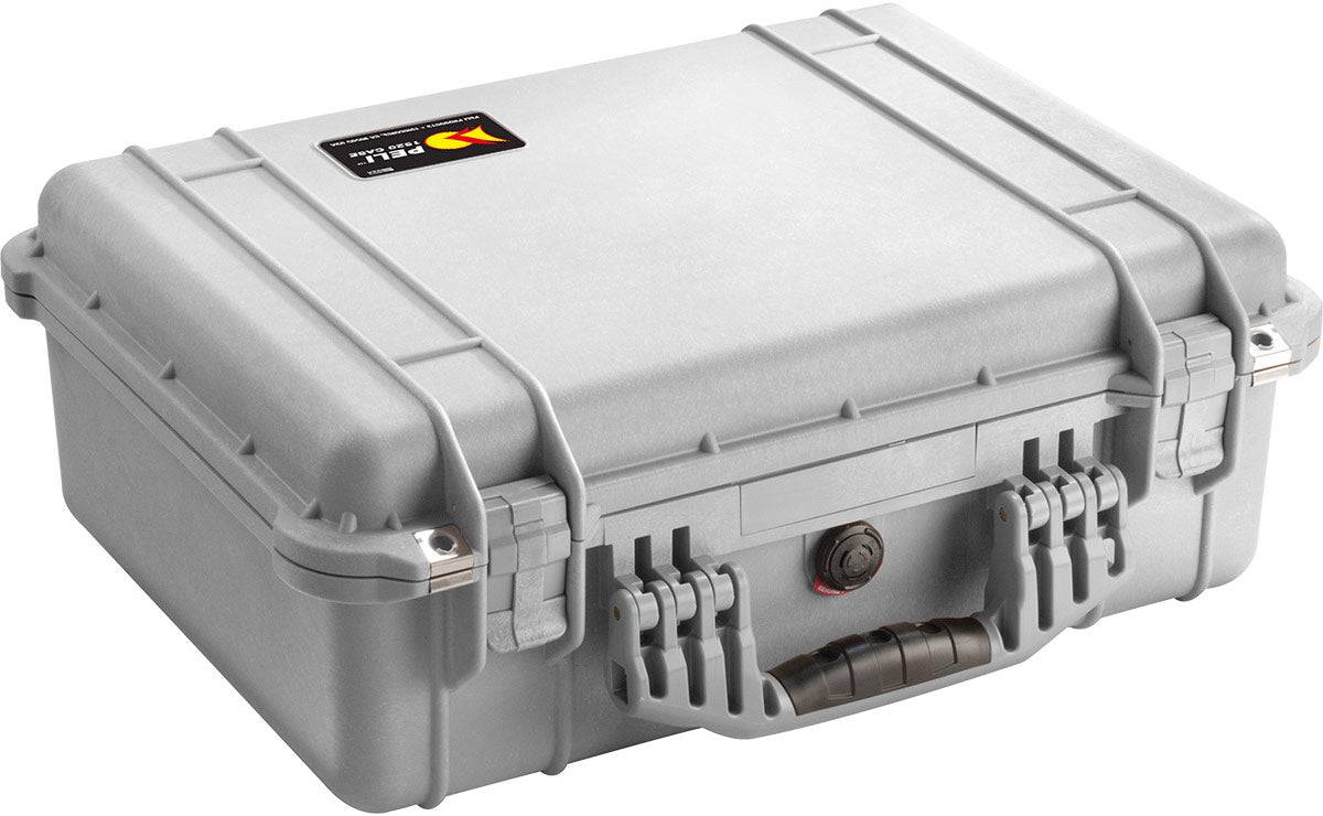 The 1520EU Protector Case is a closed, gray hard plastic PELI case with secure latches, a black handle, and a front lock feature, providing watertight protection for your valuables.