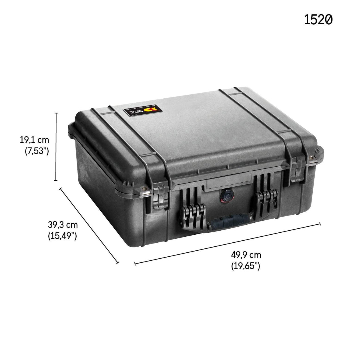 Black hard-shell 1520EU Protector Case with handle, shown with dimensions: 19.1 cm high, 39.3 cm deep, and 49.9 cm wide. Model number 1520 is displayed. Durable and watertight for ultimate protection.