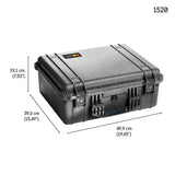 Black hard-shell 1520EU Protector Case with handle, shown with dimensions: 19.1 cm high, 39.3 cm deep, and 49.9 cm wide. Model number 1520 is displayed. Durable and watertight for ultimate protection.