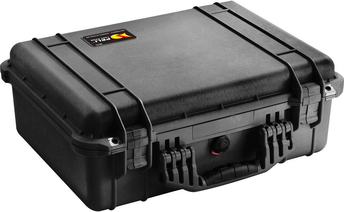 The 1520EU Protector Case is a closed, black, crushproof case with a hard-shell design, handle, secure latches, and a top-corner label—perfect for keeping your valuables protected.