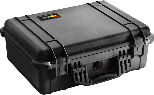The 1520EU Protector Case is a closed, black, crushproof case with a hard-shell design, handle, secure latches, and a top-corner label—perfect for keeping your valuables protected.