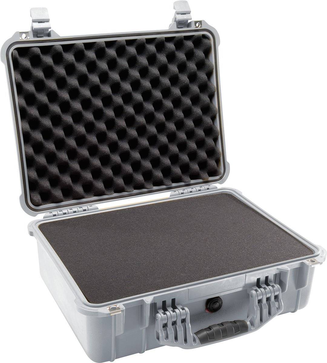 The gray 1520EU Protector Case by PELI features an open lid with egg-crate foam padding and flat foam in the base, providing crushproof protection for your gear.