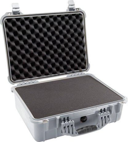 The gray 1520EU Protector Case by PELI features an open lid with egg-crate foam padding and flat foam in the base, providing crushproof protection for your gear.
