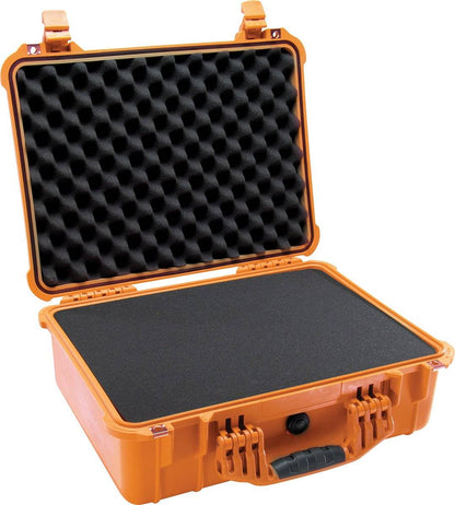 The open orange 1520EU Protector Case has crushproof hard plastic, egg-crate foam in the lid, and flat foam in the base—perfect as a protective, watertight case for sensitive gear.