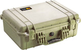 The olive green 1520EU Protector Case features secure latches, a black handle, and a top-corner ID label, providing durable, crushproof protection for your valuables.