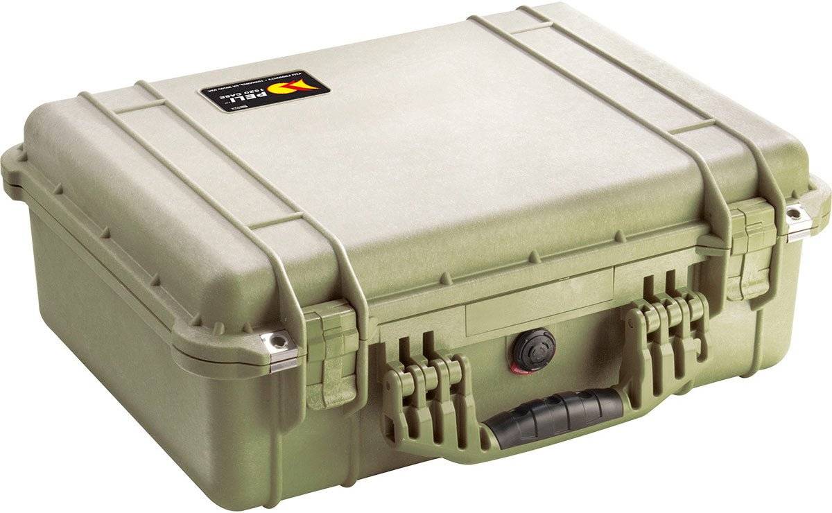 The olive green 1520EU Protector Case features secure latches, a black handle, and a top-corner ID label, providing durable, crushproof protection for your valuables.