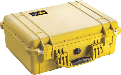 A closed, yellow PELI 1520EU Protector Case with a black handle and secure latches sits on a white background—this crushproof case ensures reliable gear protection.