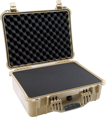A tan 1520EU Protector Case with a hard shell and open lid reveals black foam padding inside. This crushproof case provides reliable protection for your valuables.