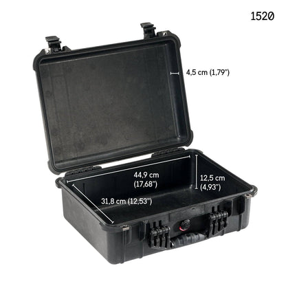 Open black 1520EU Protector Case with interior dimensions labeled: 44.9 cm x 31.8 cm x 12.5 cm, depth of 4.5 cm; a durable watertight case, product number shown in the top right corner.