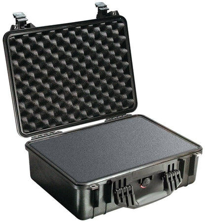 The black 1520EU Protector Case by PELI, shown open with foam padding, front latches, and rear hinges, is crushproof and provides reliable protection for your gear.