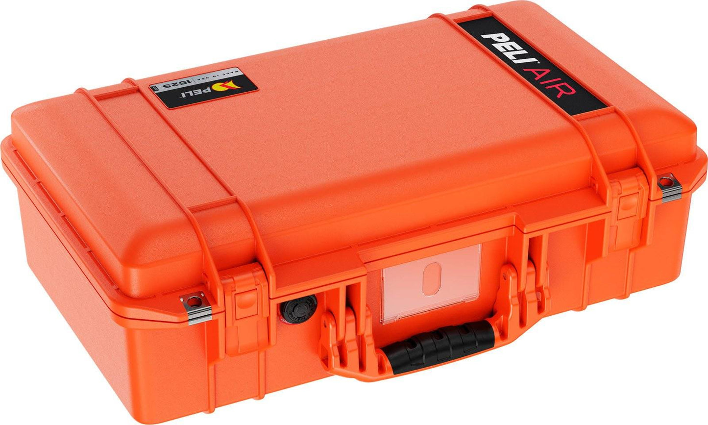 The 1525 Air Case is a closed, bright orange lightweight polymer case with a black handle and reinforced corners, offering robust, waterproof protection.