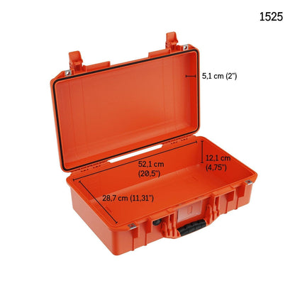 Open orange 1525 Air Case with interior dimensions of 52.1 x 28.7 x 12.1 cm and a lid depth of 5.1 cm—this lightweight polymer case gives durable, waterproof protection for your equipment.