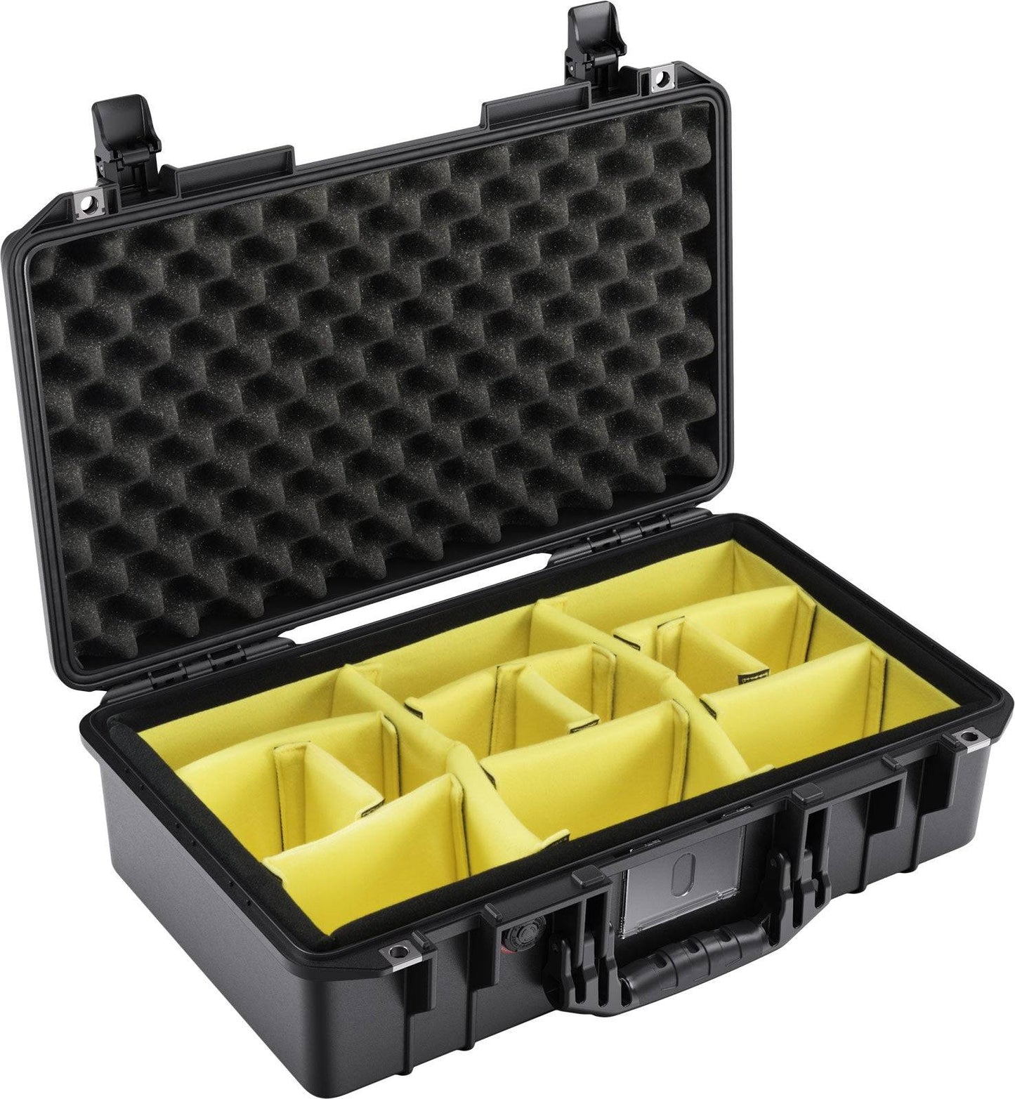 The 1525 Air Case, shown in black with the lid open, features egg crate foam on top and yellow padded dividers inside. Its lightweight polymer build offers protective, organized storage with added convenience.