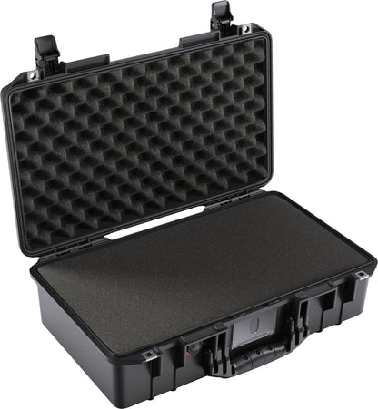 The 1525 Air Case is a black, lightweight polymer case with egg-crate foam in the lid, flat foam in the base, two latches, a handle, and durable construction to securely transport your valuables.