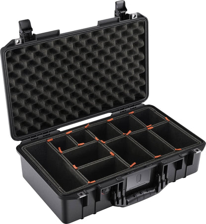 The 1525 Air Case is a black lightweight polymer hard-shell case with an open lid, foam padding, and adjustable interior dividers for multiple organized compartments and reliable protection.