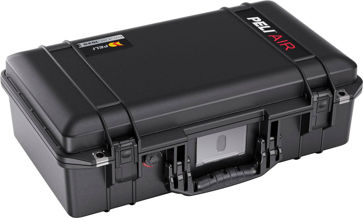 The 1525 Air Case is a closed, black PELI Air case made from lightweight polymer, featuring a handle, secure latches, and PELI AIR branding—a durable waterproof protective case for your valuables.