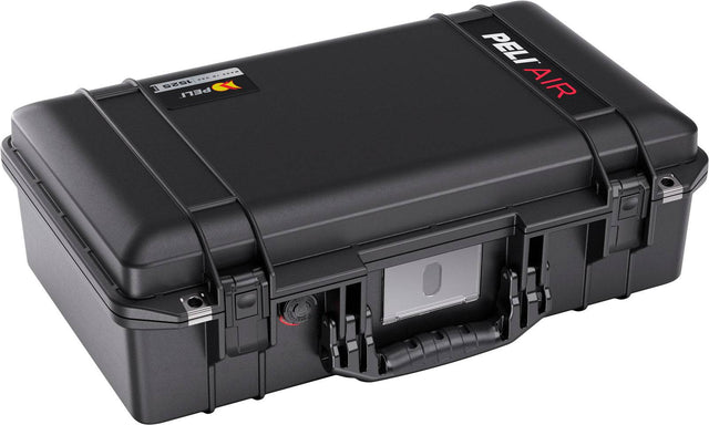 The 1525 Air Case is a closed, black PELI Air case made from lightweight polymer, featuring a handle, secure latches, and PELI AIR branding—a durable waterproof protective case for your valuables.