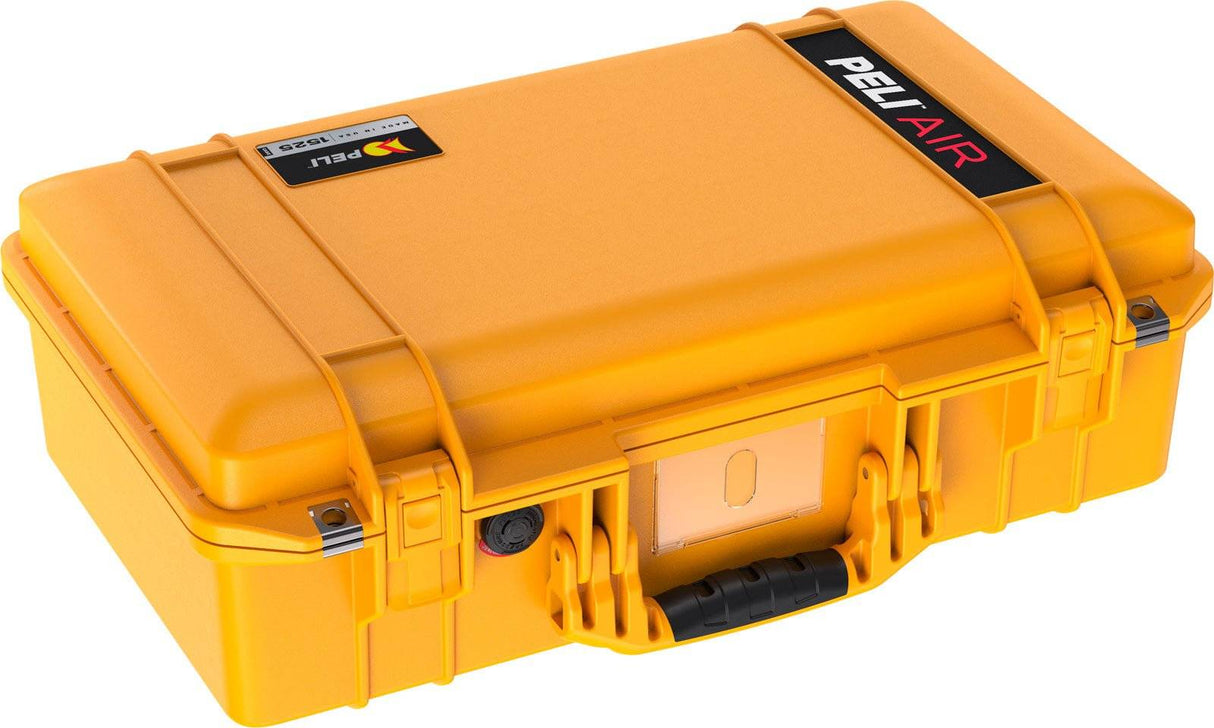 The 1525 Air Case is a closed, yellow PELI Air case made from lightweight polymer with a sturdy black handle and dual front latches—an ideal waterproof protective case for safeguarding valuables.