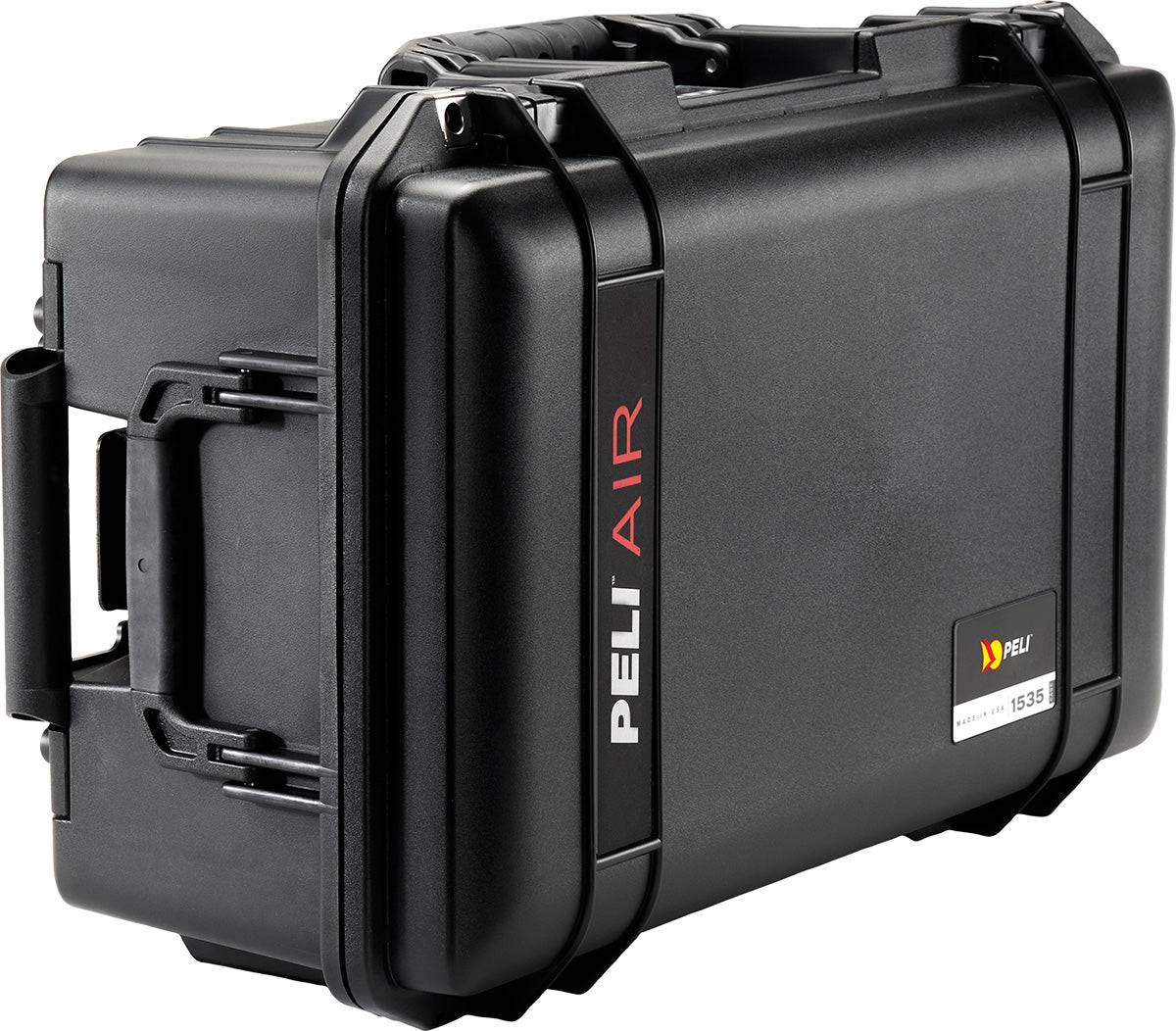 The 1535 Air Case is a black PELI Air case with a handle, side latches, and red and white Peli Air branding on the front; this lightweight protective case is perfect for secure storage.