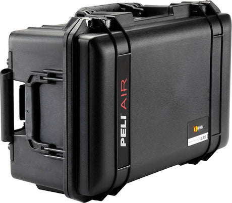 The 1535 Air Case is a black PELI Air case with a handle, side latches, and red and white Peli Air branding on the front; this lightweight protective case is perfect for secure storage.